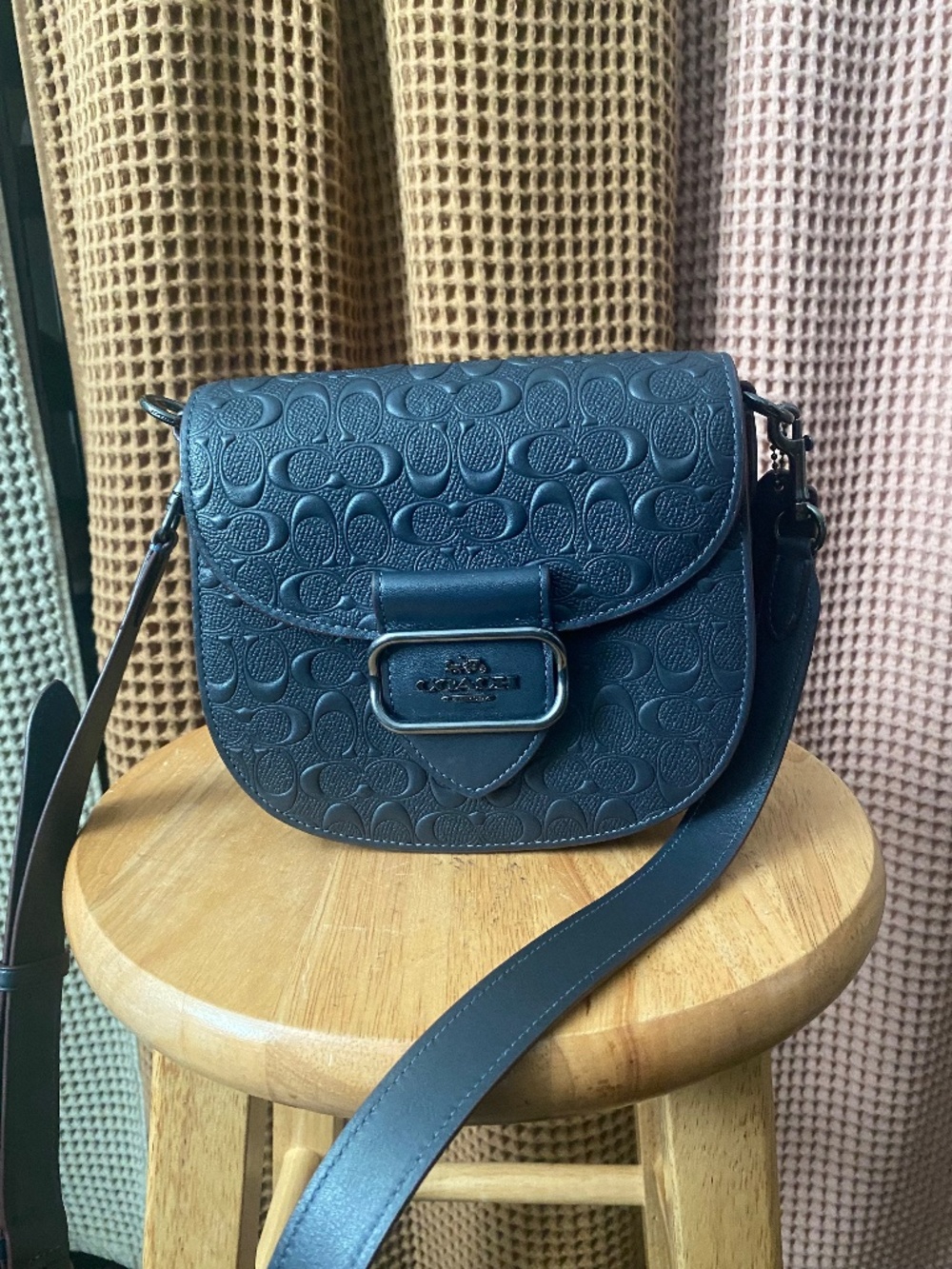 Coach Morgan Saddle Embossed Signature Crossbody In Navy